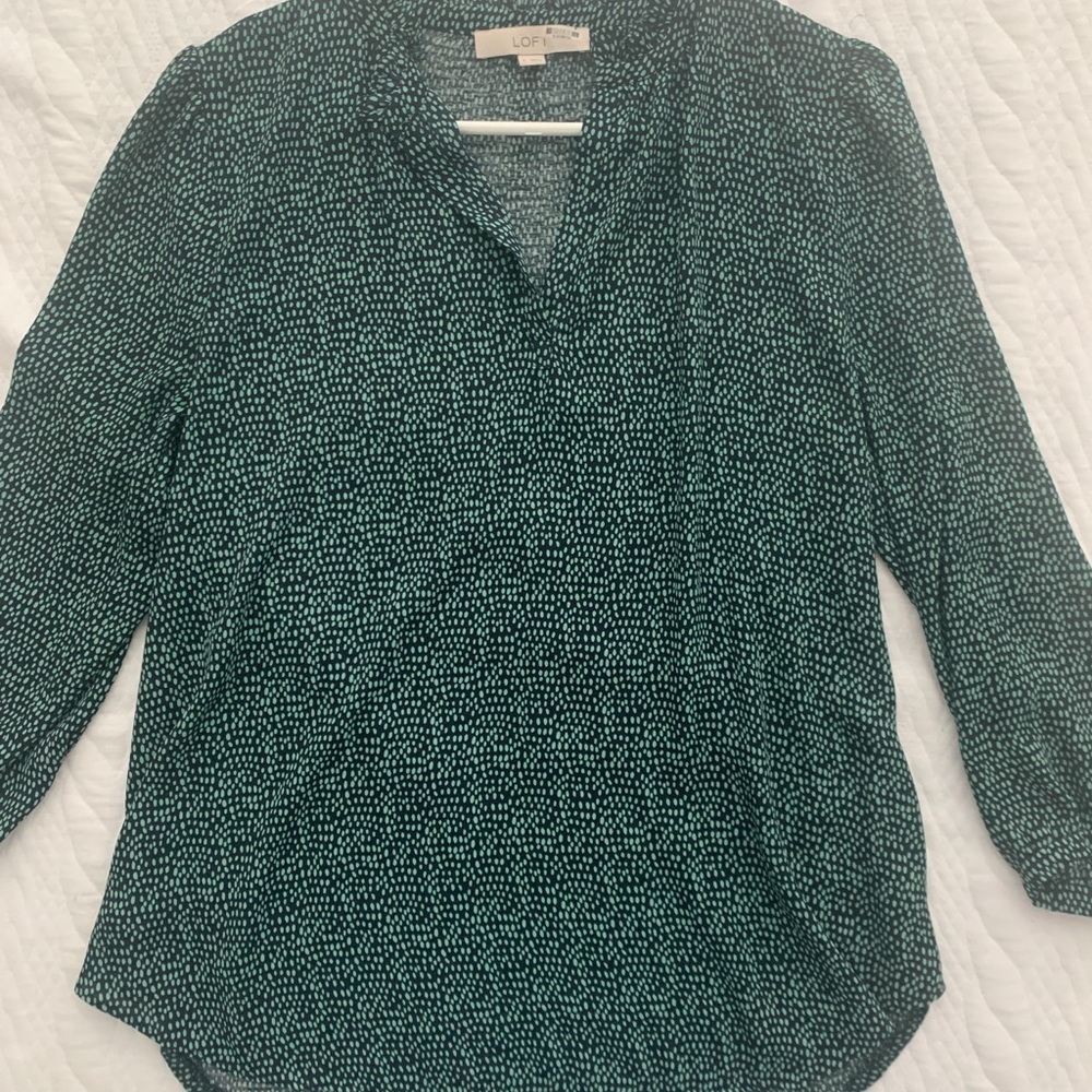 Loft, size small, navy blue and green blouse
